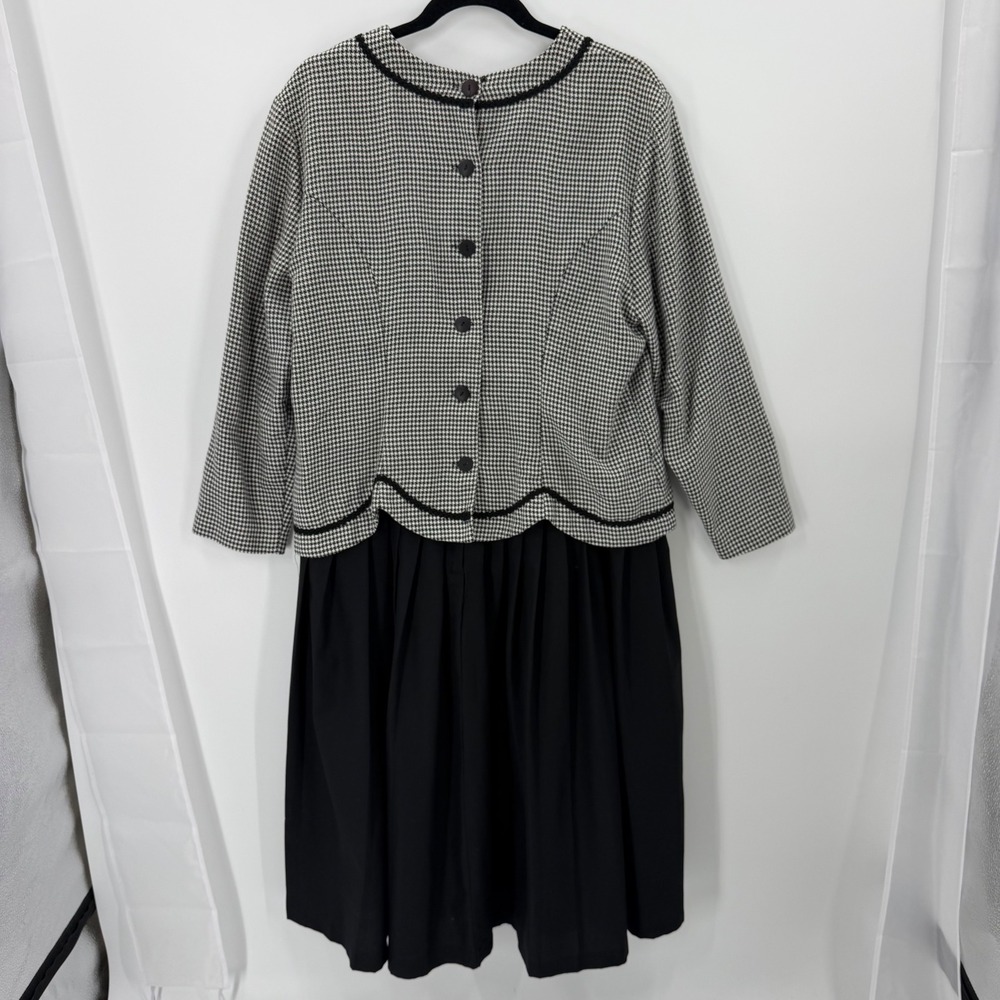 FTLTD vintage 90s Houndstooth Midi Dress Scalloped Trim Size 16 Black White - Picture 6 of 10